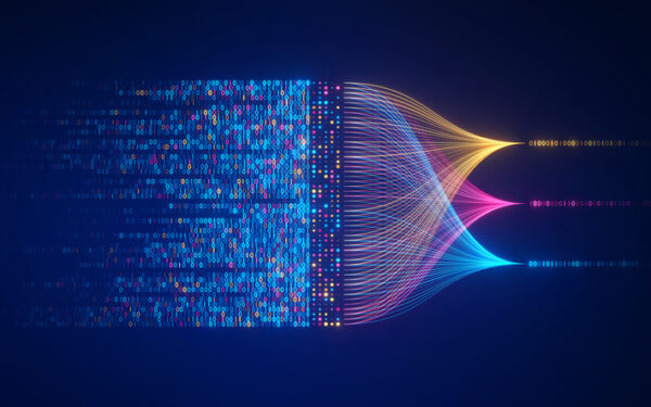 big data technology and data science illustration. data flow concept. querying, analysing, visualizing complex information. neural network for artificial intelligence. data mining. business analytics.