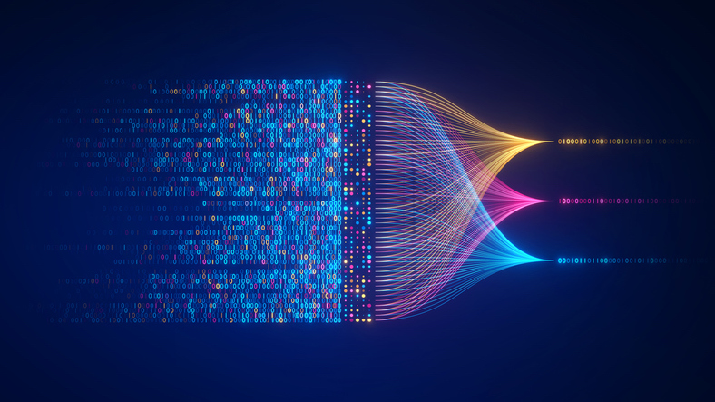 big data technology and data science illustration. data flow concept. querying, analysing, visualizing complex information. neural network for artificial intelligence. data mining. business analytics.