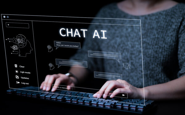 woman using a computer chatting with an intelligent artificial intelligence asks for the answers he wants. a.i. chat with ai or artificial intelligence technology. smart assistant, ai to help work,