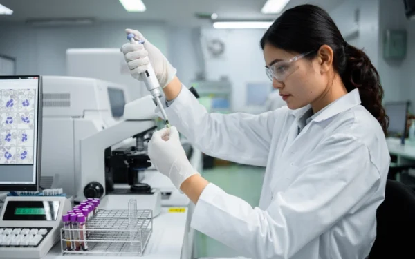 Medical technicians Doctor looking at the microscope stock photo