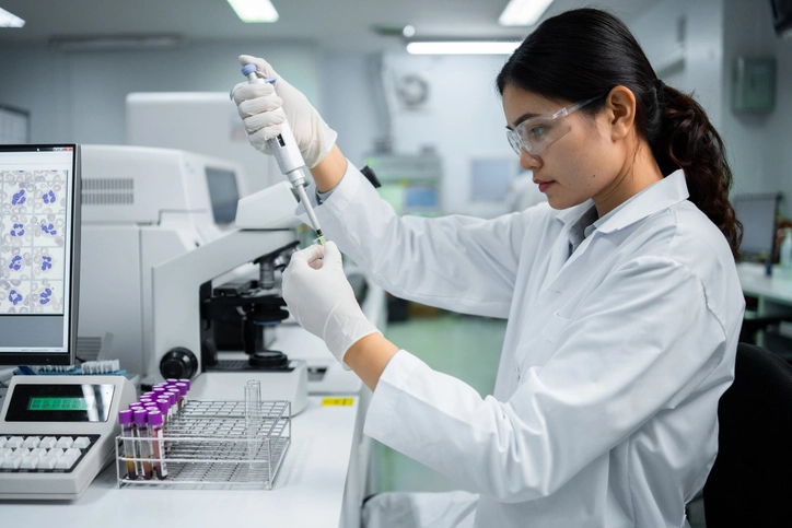 Medical technicians Doctor looking at the microscope stock photo