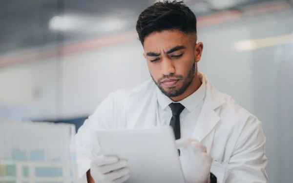 Science, digital tablet and thinking laboratory worker in healthcare data analysis, medical research and dna innovation idea. Confused scientist, employee and indian man with technology and test tube stock photo