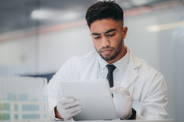 Science, digital tablet and thinking laboratory worker in healthcare data analysis, medical research and dna innovation idea. Confused scientist, employee and indian man with technology and test tube stock photo